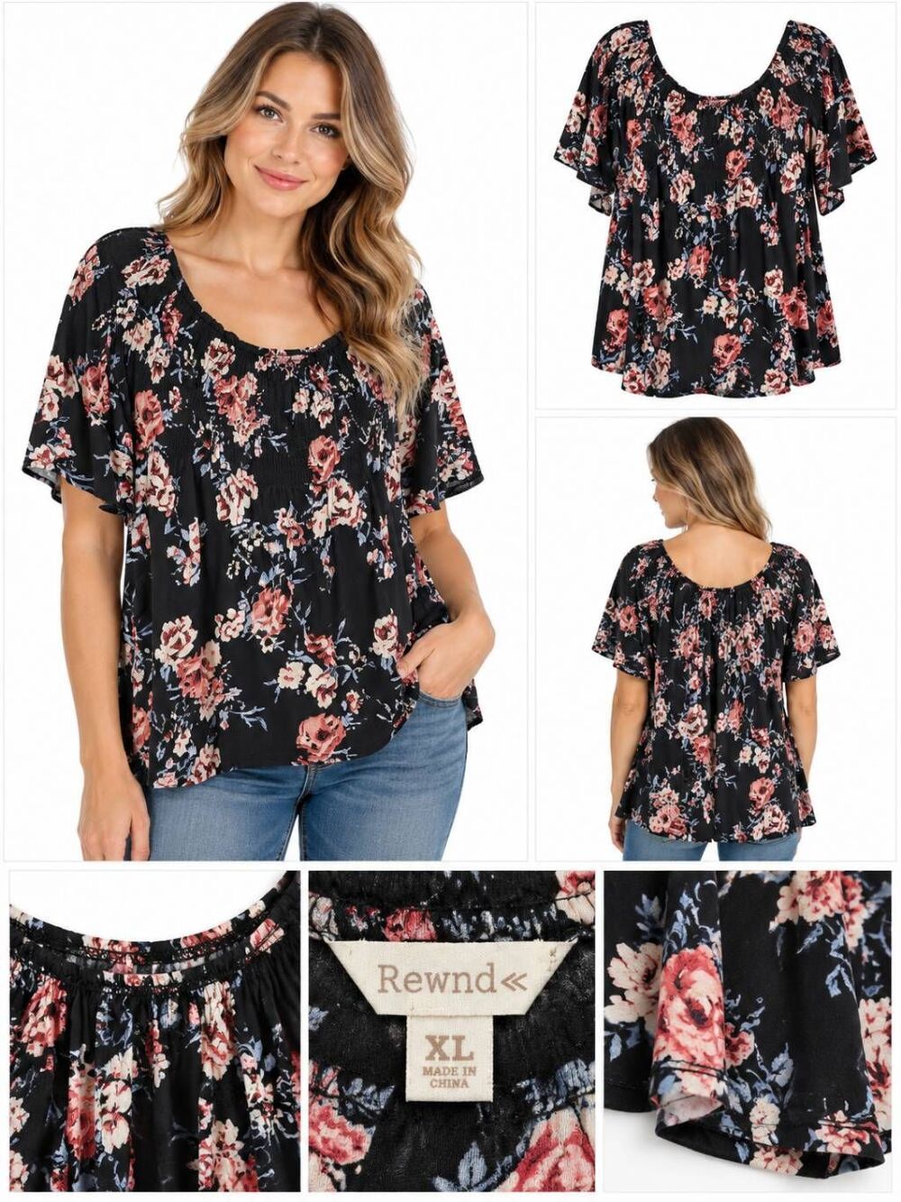 Rewind XL Black Floral Top